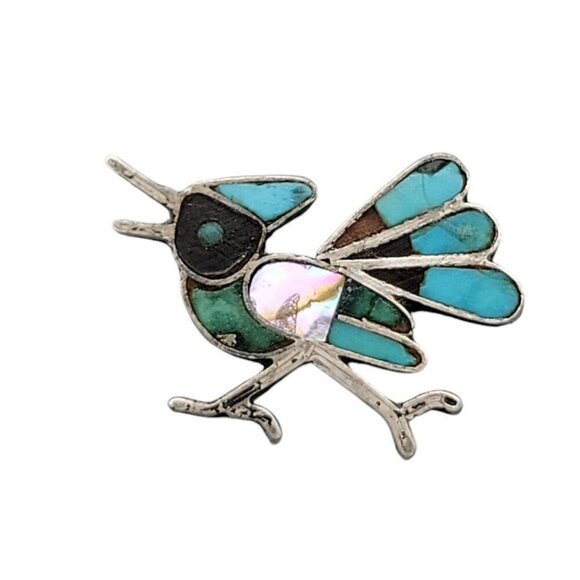 Native American Navajo Roadrunner Pin Turquoise Sterling Silver Mother of Pearl - Picture 3 of 7